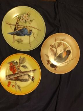 Decorative Bird Ceramic Plate Trio in Yellow, Blue & Tan